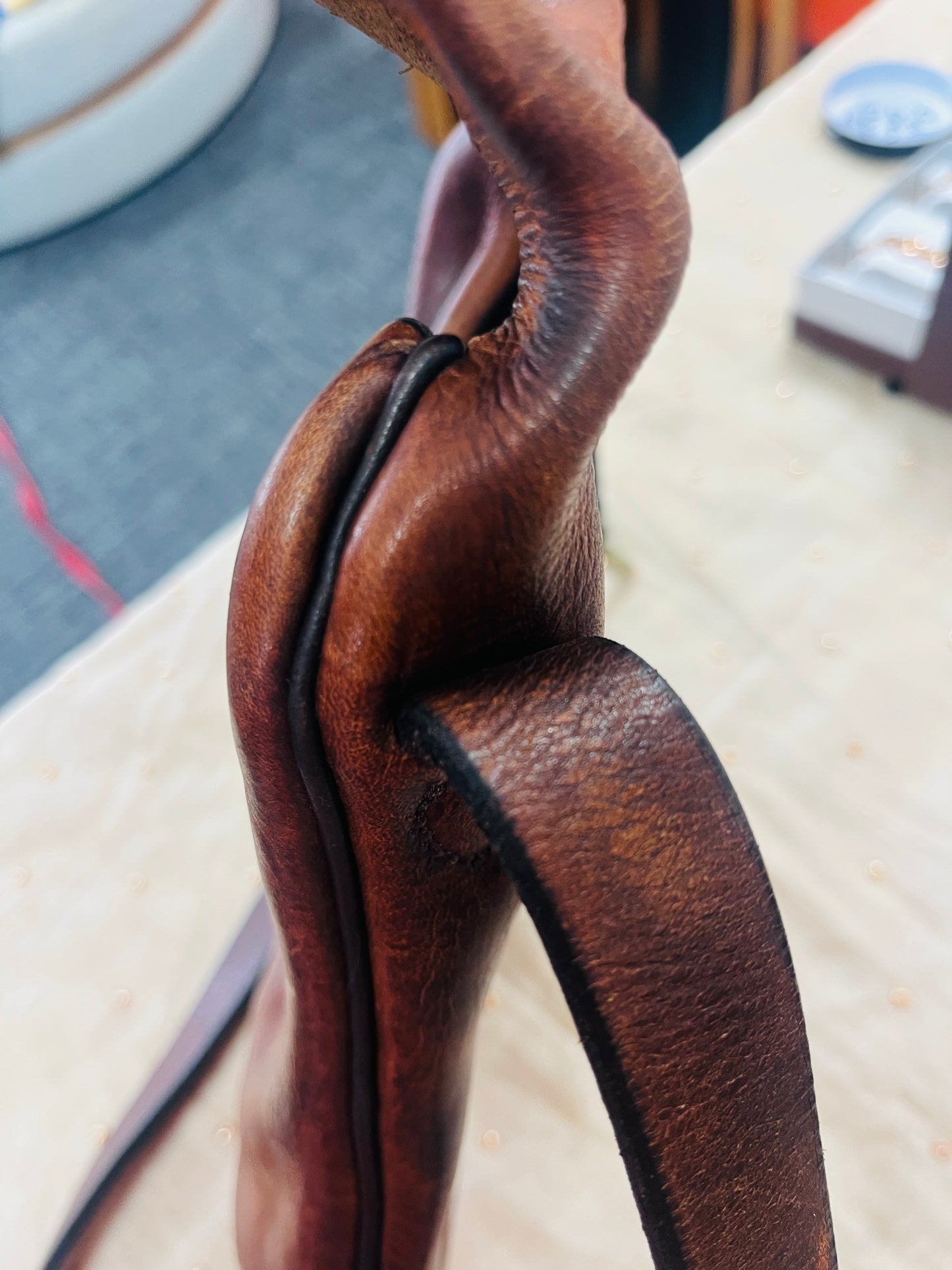 Close-up of a brown leather strap