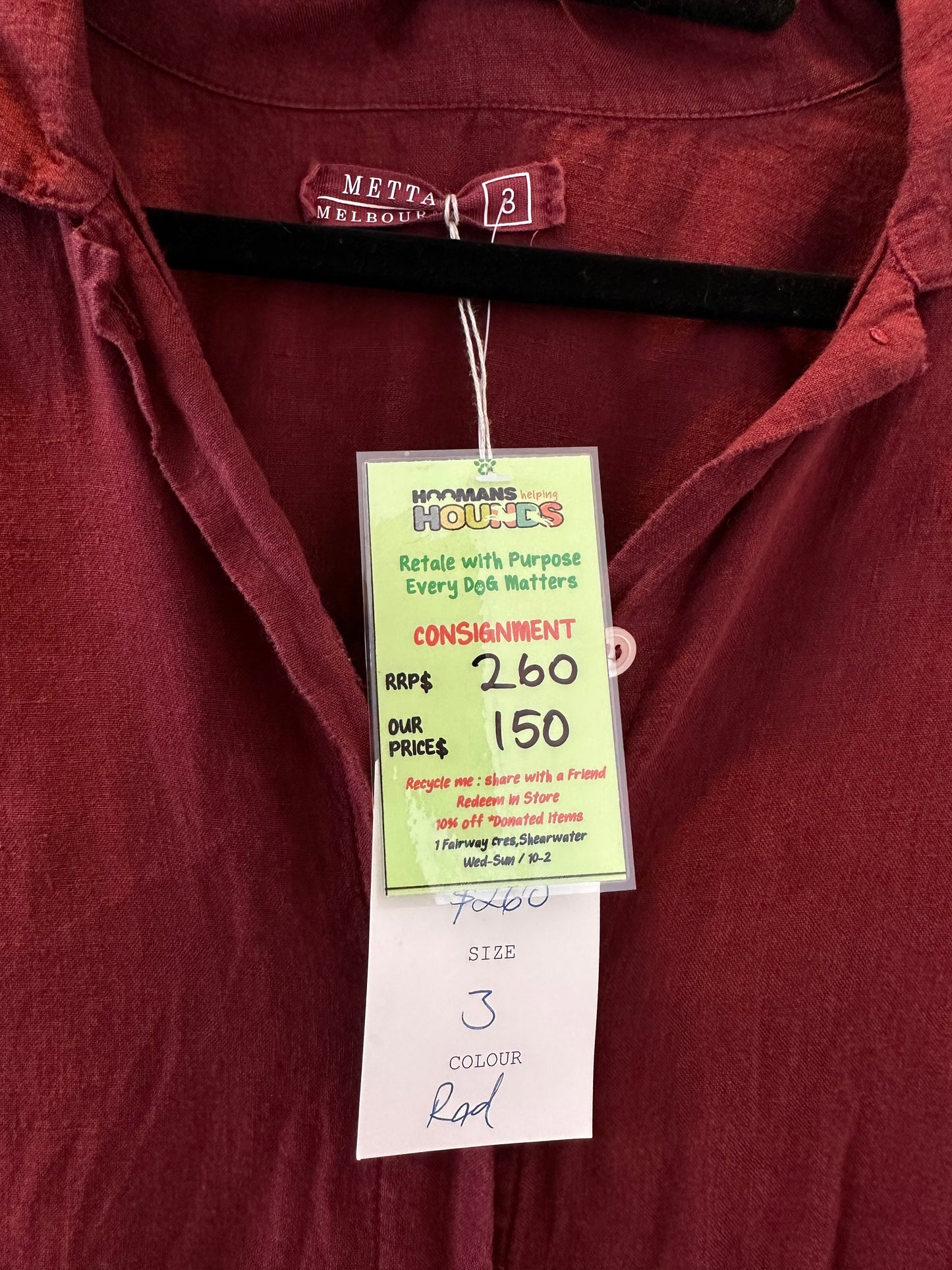 RRP$ 350 Size 3 - Metta Melbourne Dress - Shirt Dress Maroon