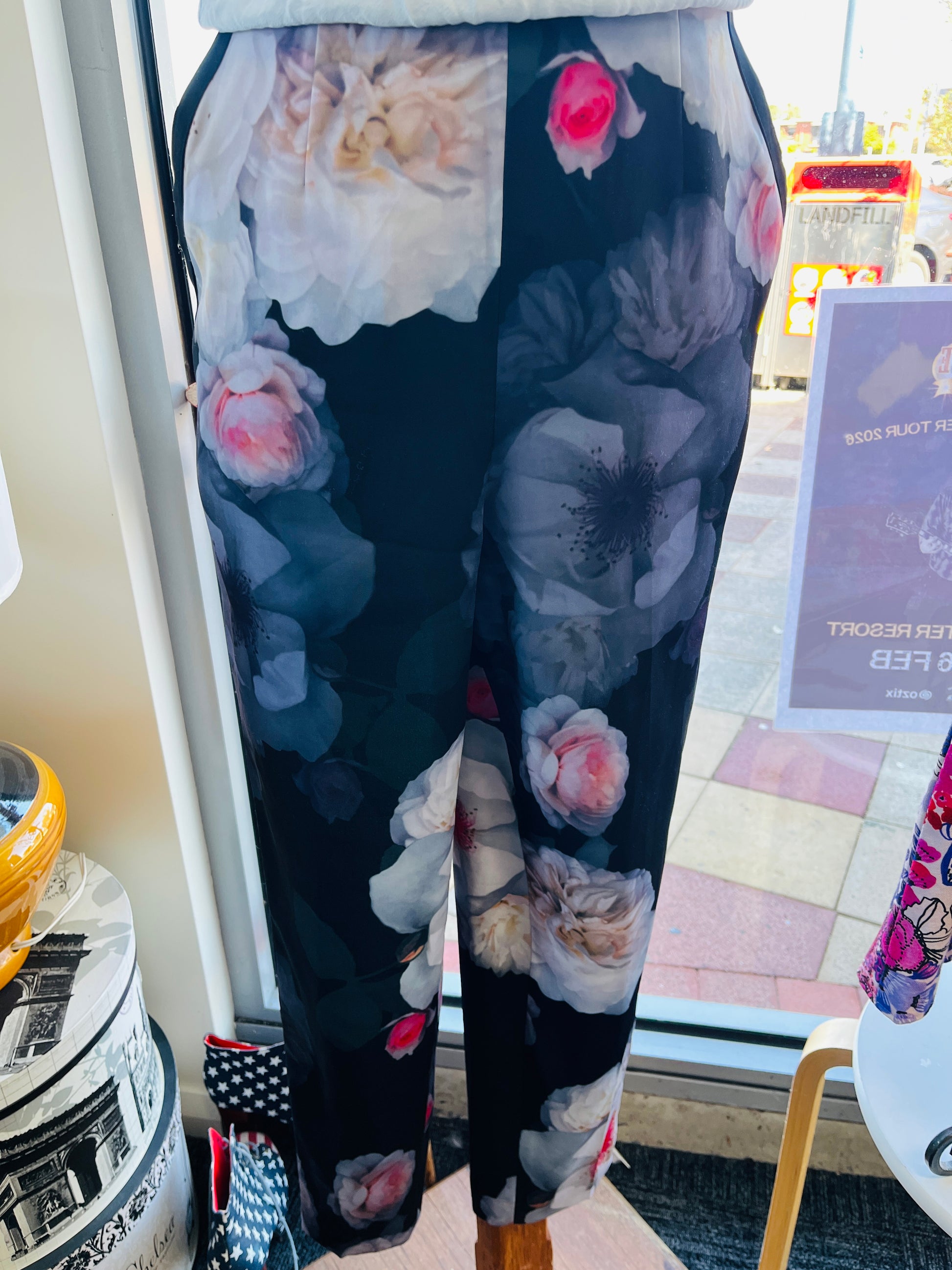Floral-patterned pants displayed