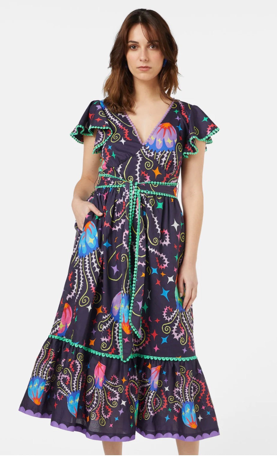 Woman wearing a colorful patterned dress
