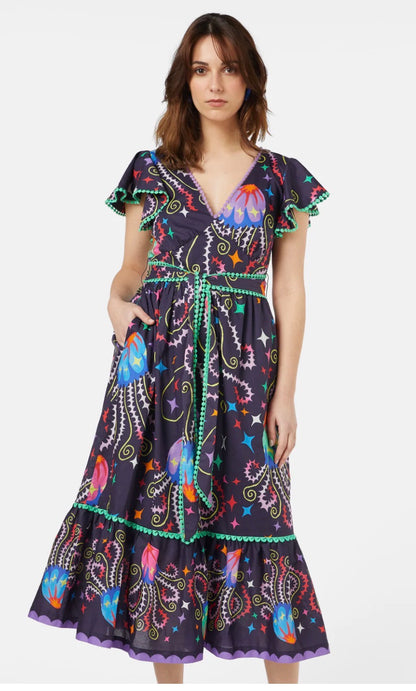 Woman wearing a colorful patterned dress