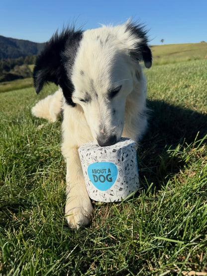 Dog playing with a toilet paper labeled 'About a Dog' in a grassy field.