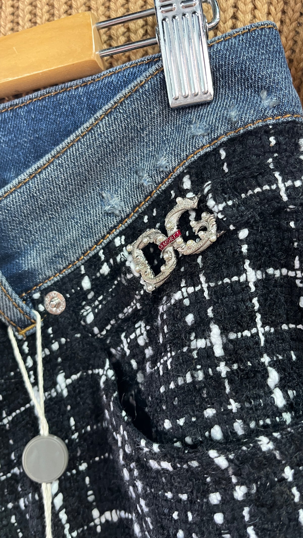 DOLCE & GABANNA : RRP $1145 USD Tweed Panel Straight Leg Jeans Size 10