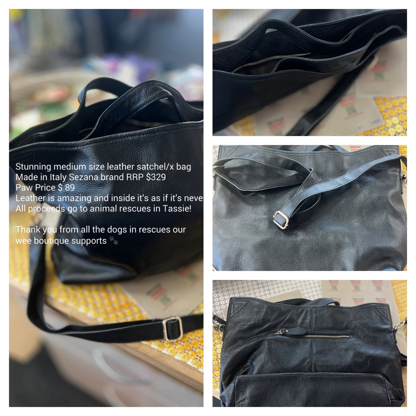 Collage of a black leather satchel bag