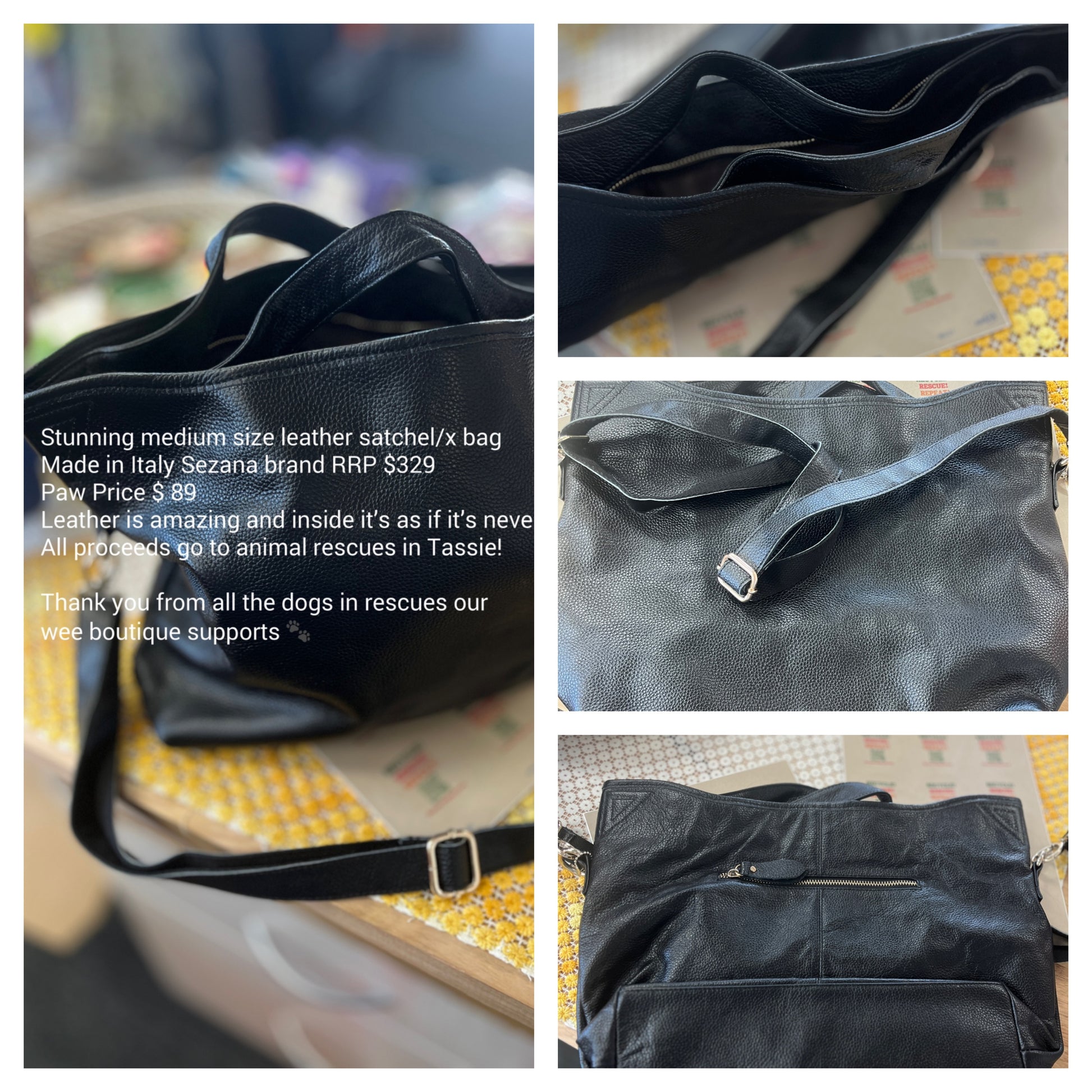 Collage of a black leather satchel bag