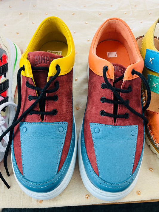 Colorful sneakers with a blue and red design
