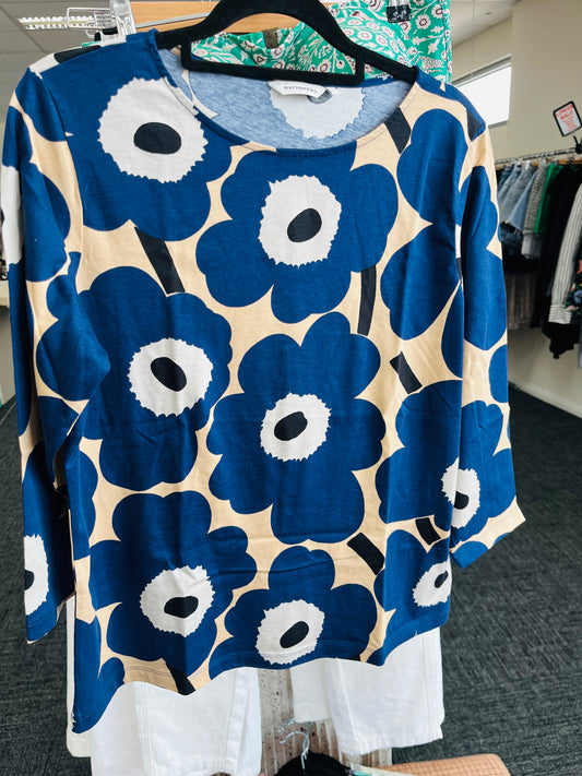 Blue and white floral patterned sweater