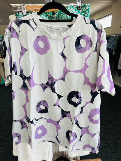 Purple and white floral patterned shirt 